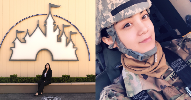 Two images side by side of Carissa, one of her sitting in front of castle logo and one in her military uniform.