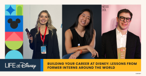 Life at Disney podcast episode artwork highlighting former Disney interns from global offices sharing early‑career lessons, internship experiences, and career growth at The Walt Disney Company.