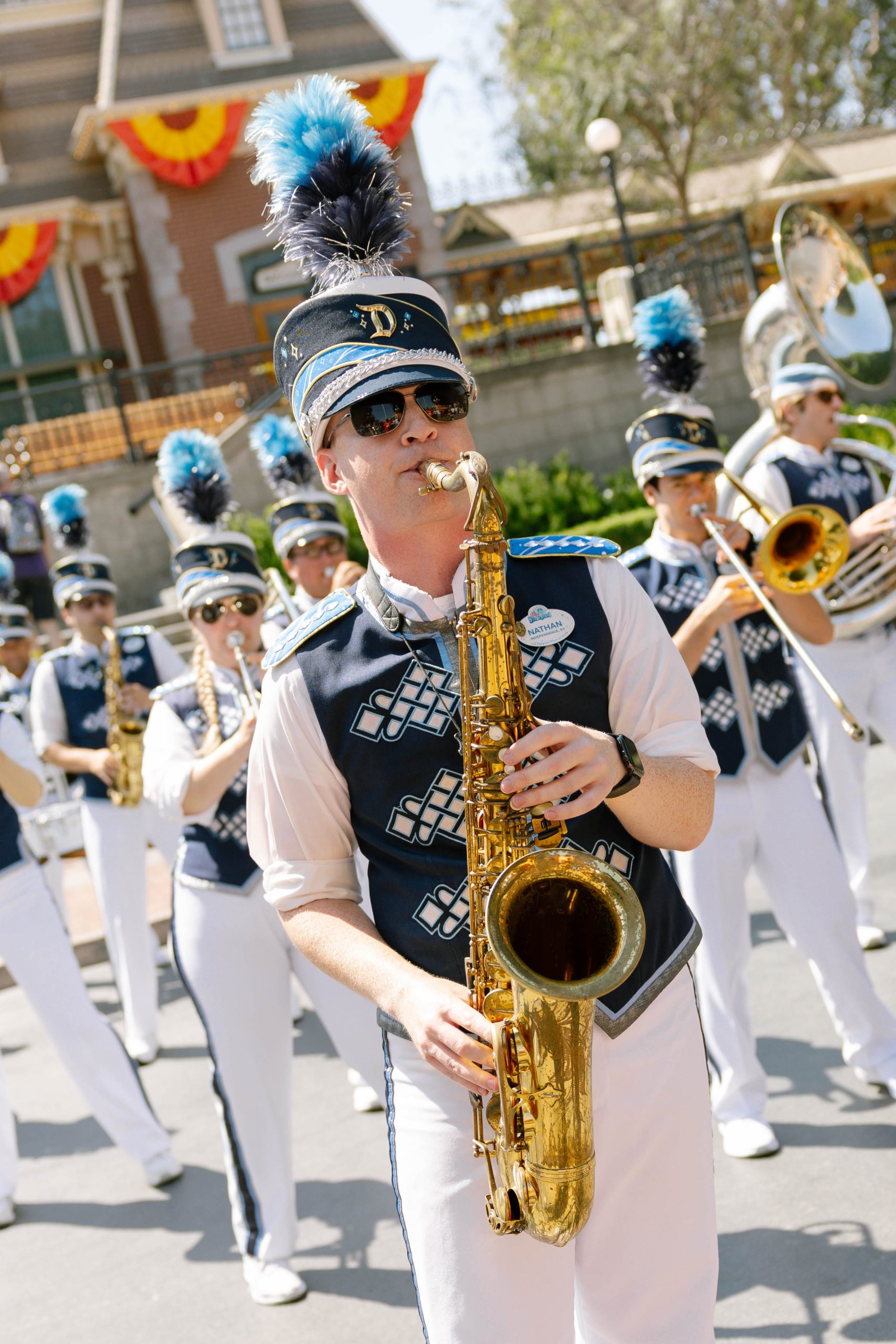 Photo of saxophone player in front of Disneyland band