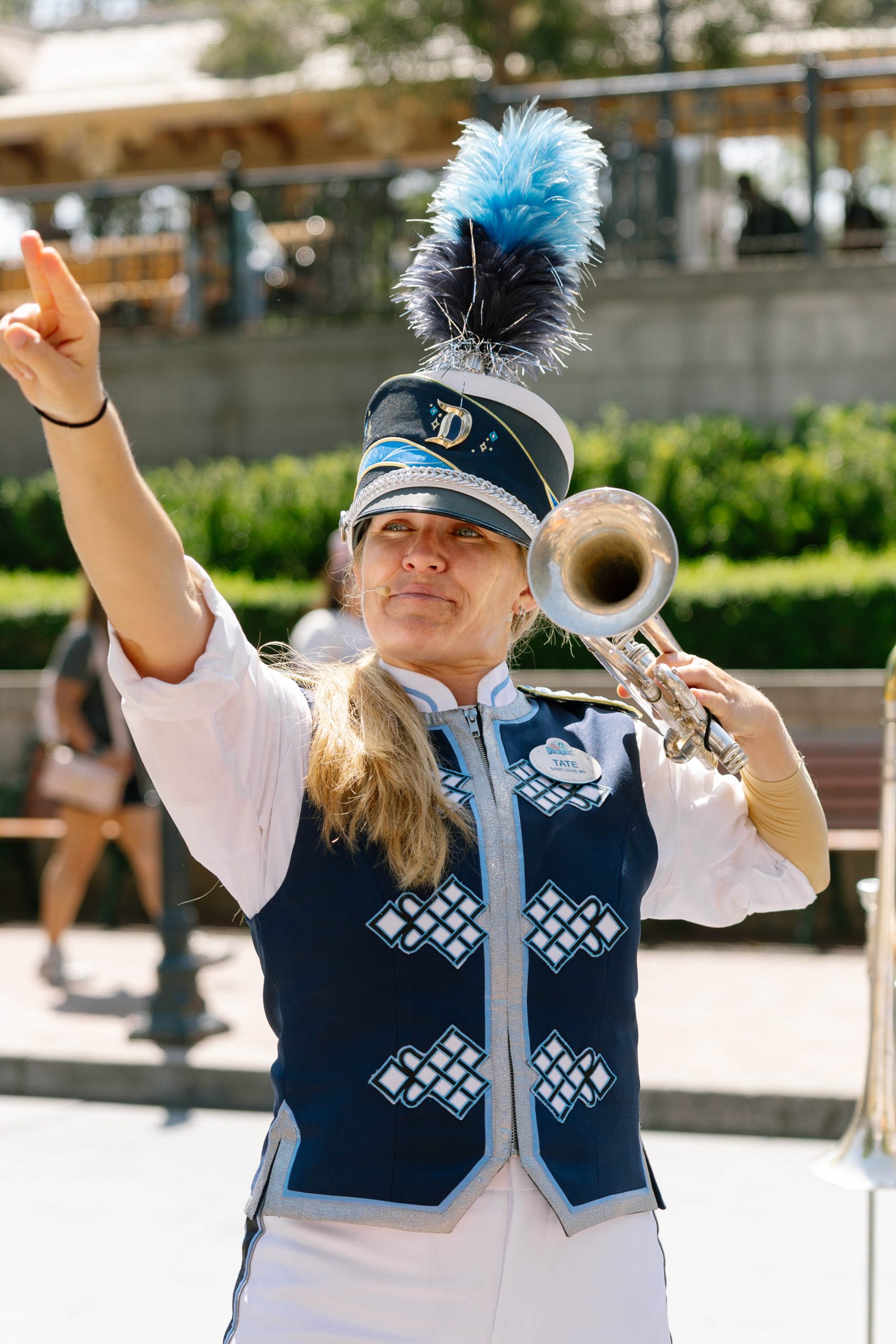 Photo of trumpet player pointing up