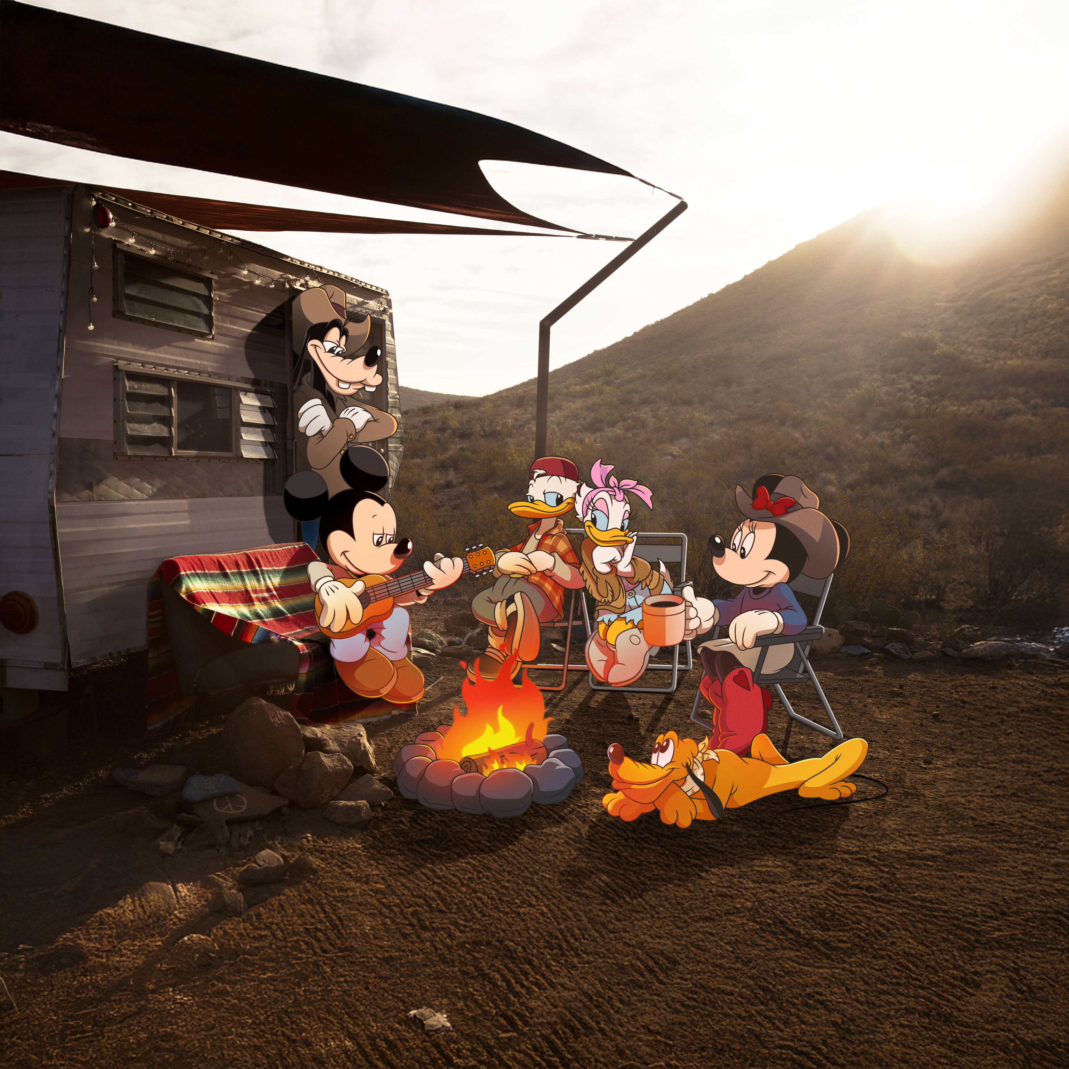 Mickey Mouse, Minnie Mouse, Donald Duck and friends gather around a campfire with instruments in a rustic setting on the Main Street Country EP album artwork.