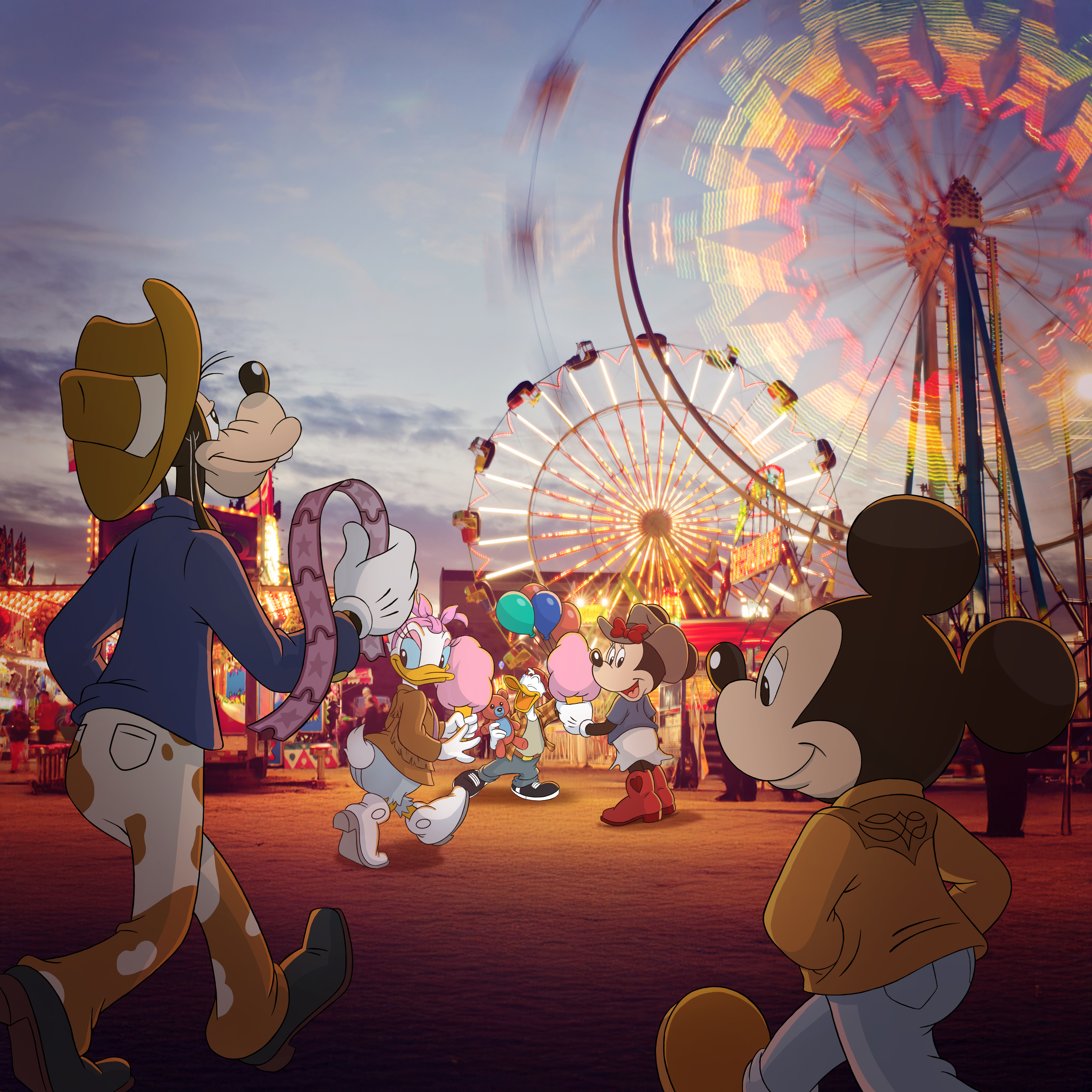 Mickey Mouse and friends walk through a glowing county fair with ferris wheels and lights in the background on Disney&rsquo;s Main Street Country EP album artwork.