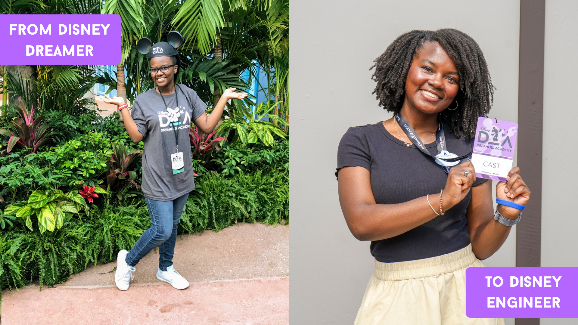 TEXT: From Disney Dreamer to Disney Engineer IMAGES: Left, April posses as a Disney Dreamers Academy Attendee. Right, April poses as a judge.