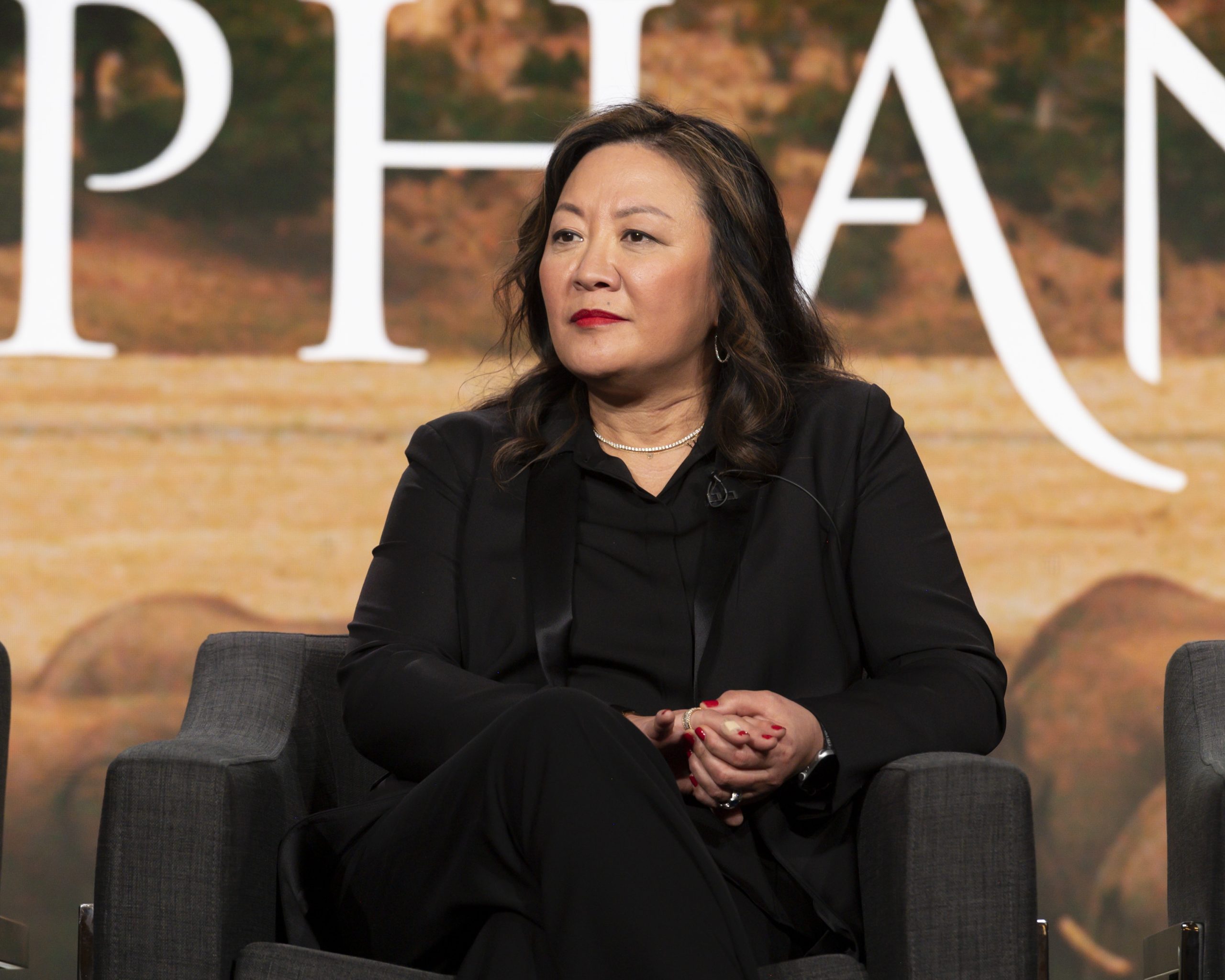 A National Geographic leader participates in a filmed interview at a premiere event, underscoring science‑driven storytelling across Disney and National Geographic platforms.
