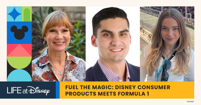 Life at Disney podcast artwork featuring Disney Consumer Products team members highlighting the Mickey & Friends and Formula 1 collaboration, &ldquo;Fuel the Magic.&rdquo;