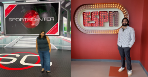 Two images side by side. Person posing on a SportsCenter studio floor with a large screen and logo backdrop behind them. Person standing beside an illuminated ESPN sign with marquee-style lights on a red wall background.