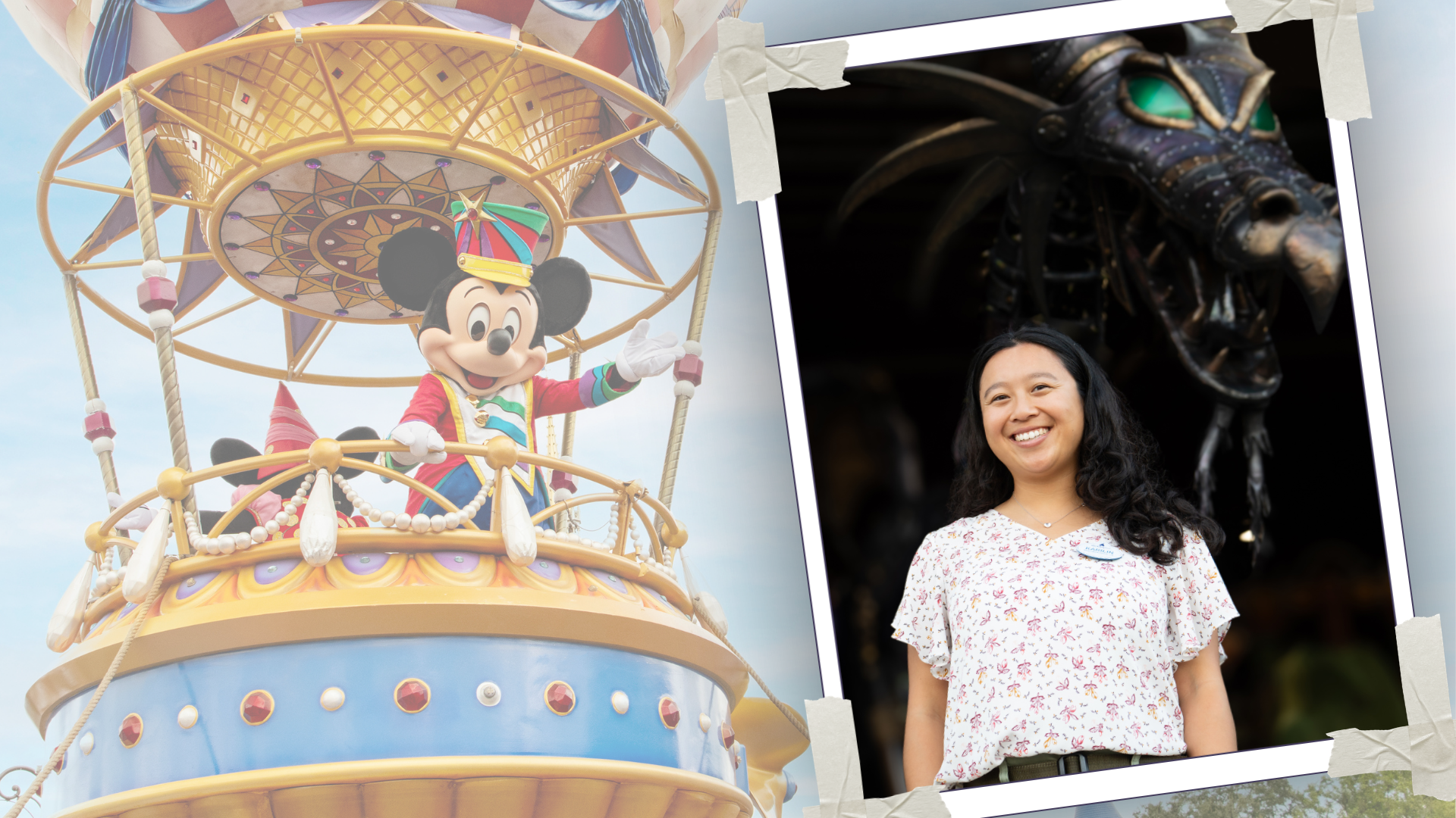 Karilin smiling at camera next to Mickey Mouse in hot air balloon.