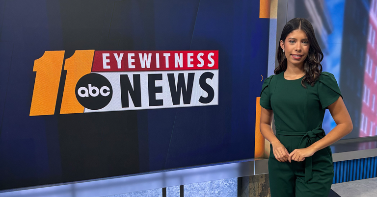 Penelope, a multimedia journalist for ABC News affiliate WTVD, stands inside an ABC Eyewitness News studio in North Carolina after building her journalism career through internships, mentorship and opportunities connected to NAHJ.