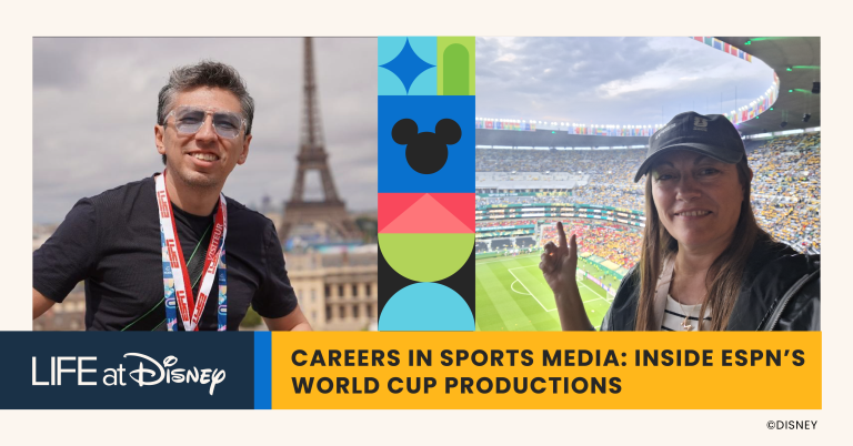 Life at Disney Podcast episode featuring ESPN employees sharing career journeys and behind-the-scenes insights from FIFA World Cup production across Mexico and Argentina.