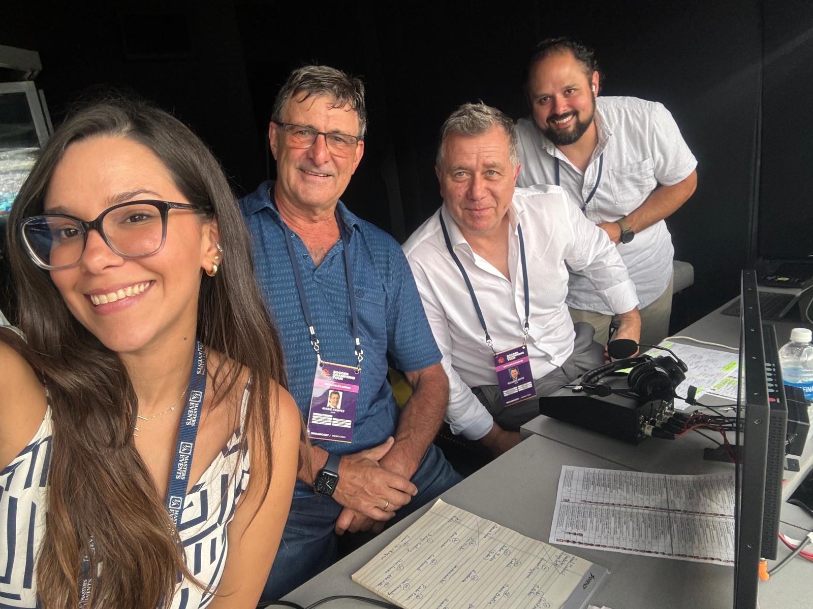 Mireya works alongside a live sports production team in a broadcast control room, supporting ESPN soccer coverage through communication, coordination and technical execution.