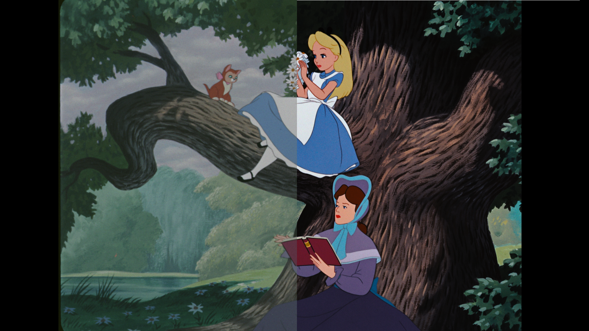 Before-and-after film restoration comparison of Alice sitting in a tree in Disney&rsquo;s animated classic &ldquo;Alice in Wonderland.&rdquo;