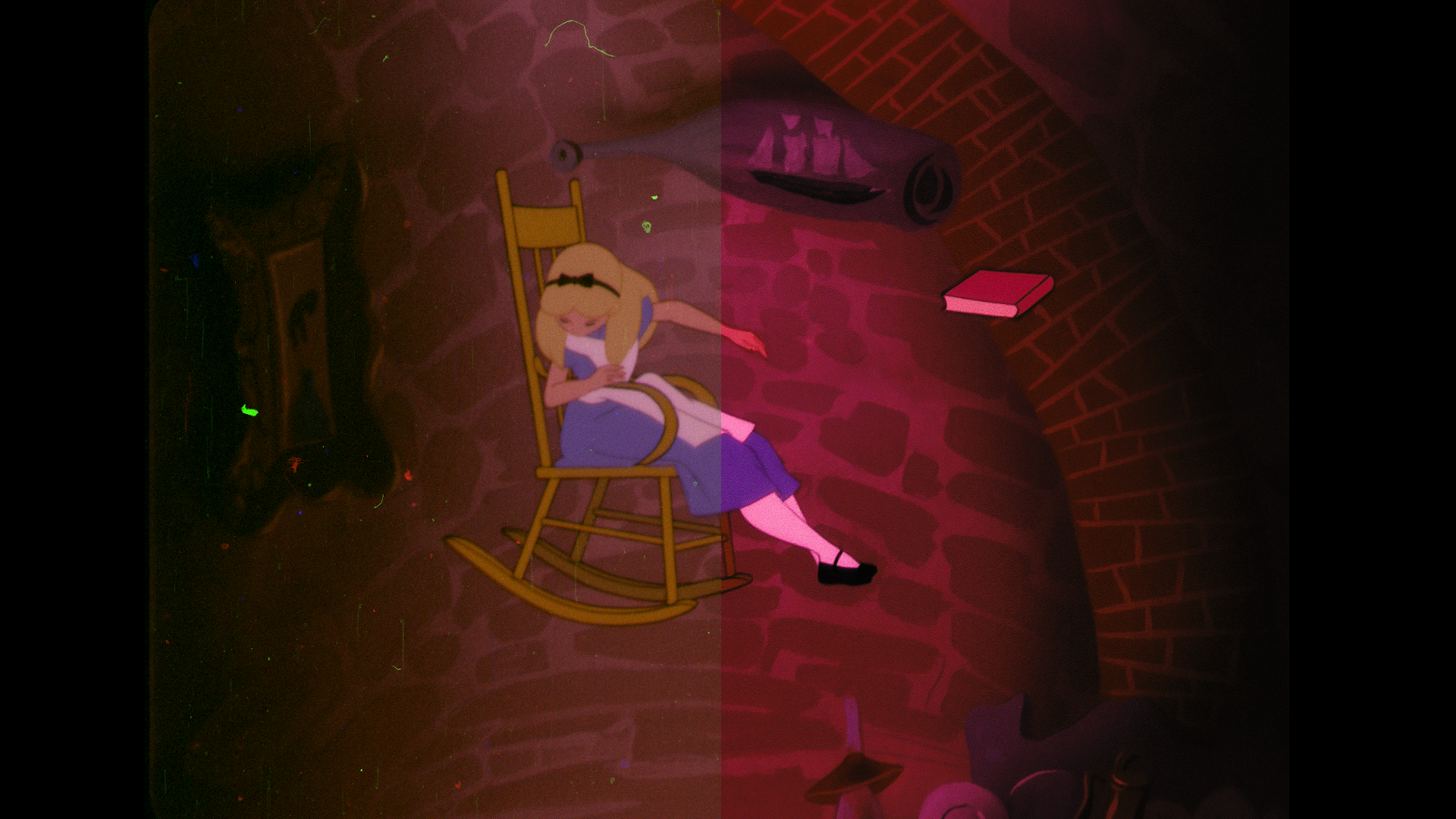 Before-and-after restoration comparison of Alice in a rocking chair from Disney&rsquo;s animated &ldquo;Alice in Wonderland.&rdquo;