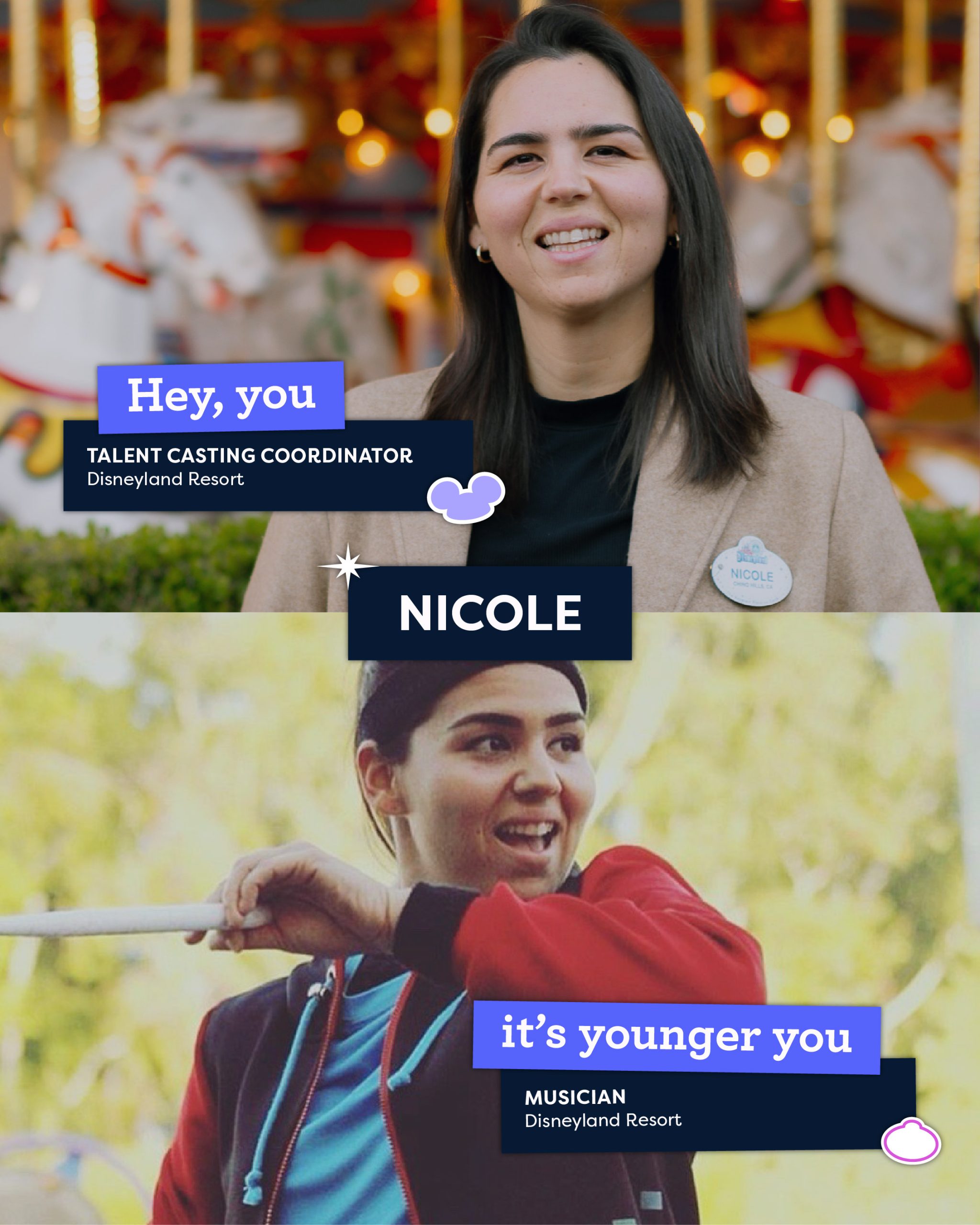 Current Photo of Cast Member Nicole above a younger photo of Nicole with text that reads "Hey you, it's older you."