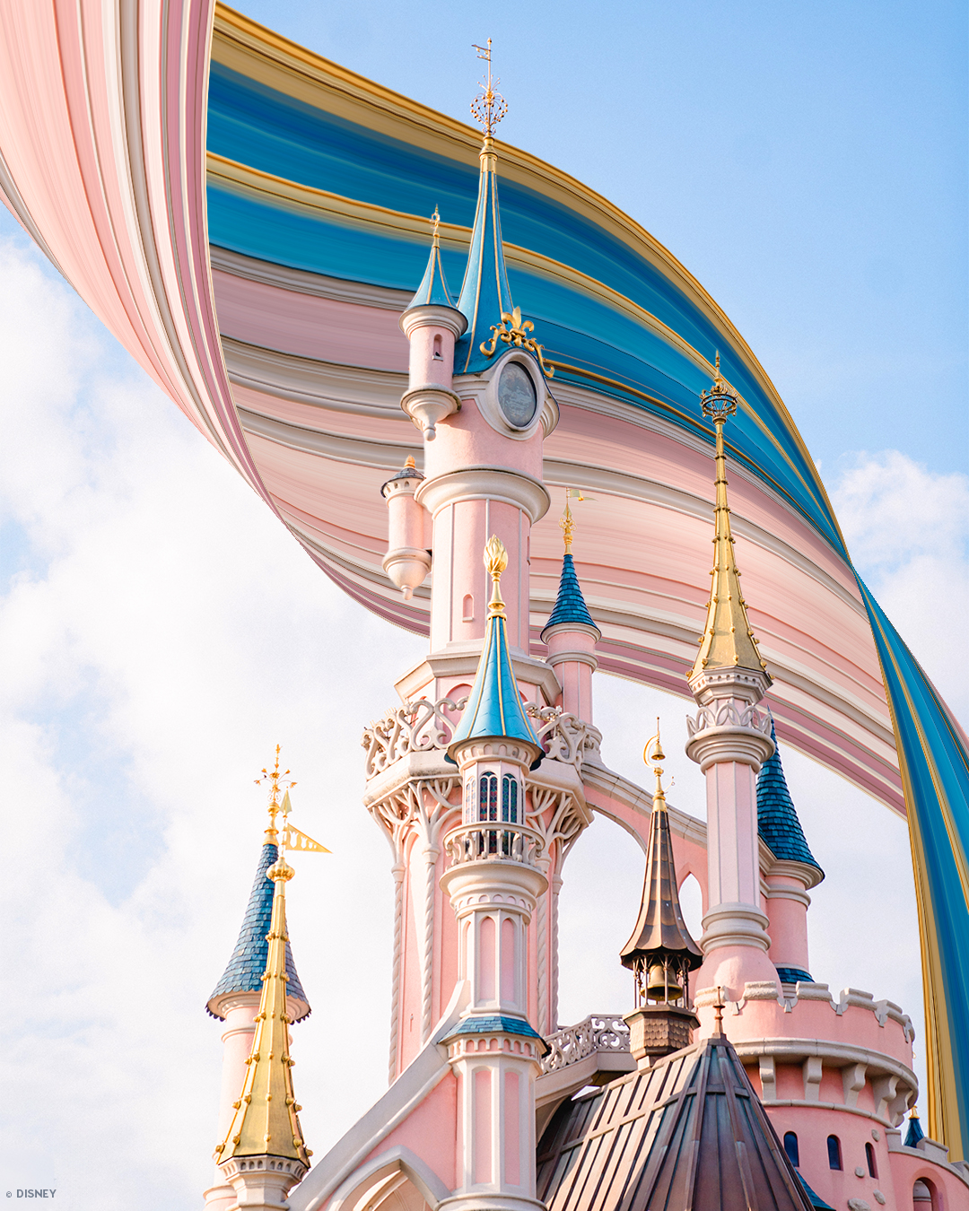 Top of a Disney castle with a pixel stretch colorful banner swooped around it