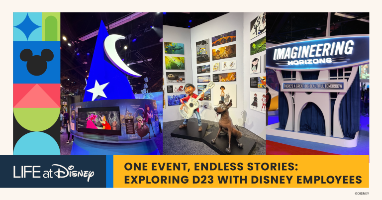 Collage of exhibits from D23: The Ultimate Disney Fan Event featuring Walt Disney Imagineering, Pixar Animation Studios, and Disney storytelling experiences, highlighting the Disney employees, creative careers, and innovation that bring magic to life across The Walt Disney Company.