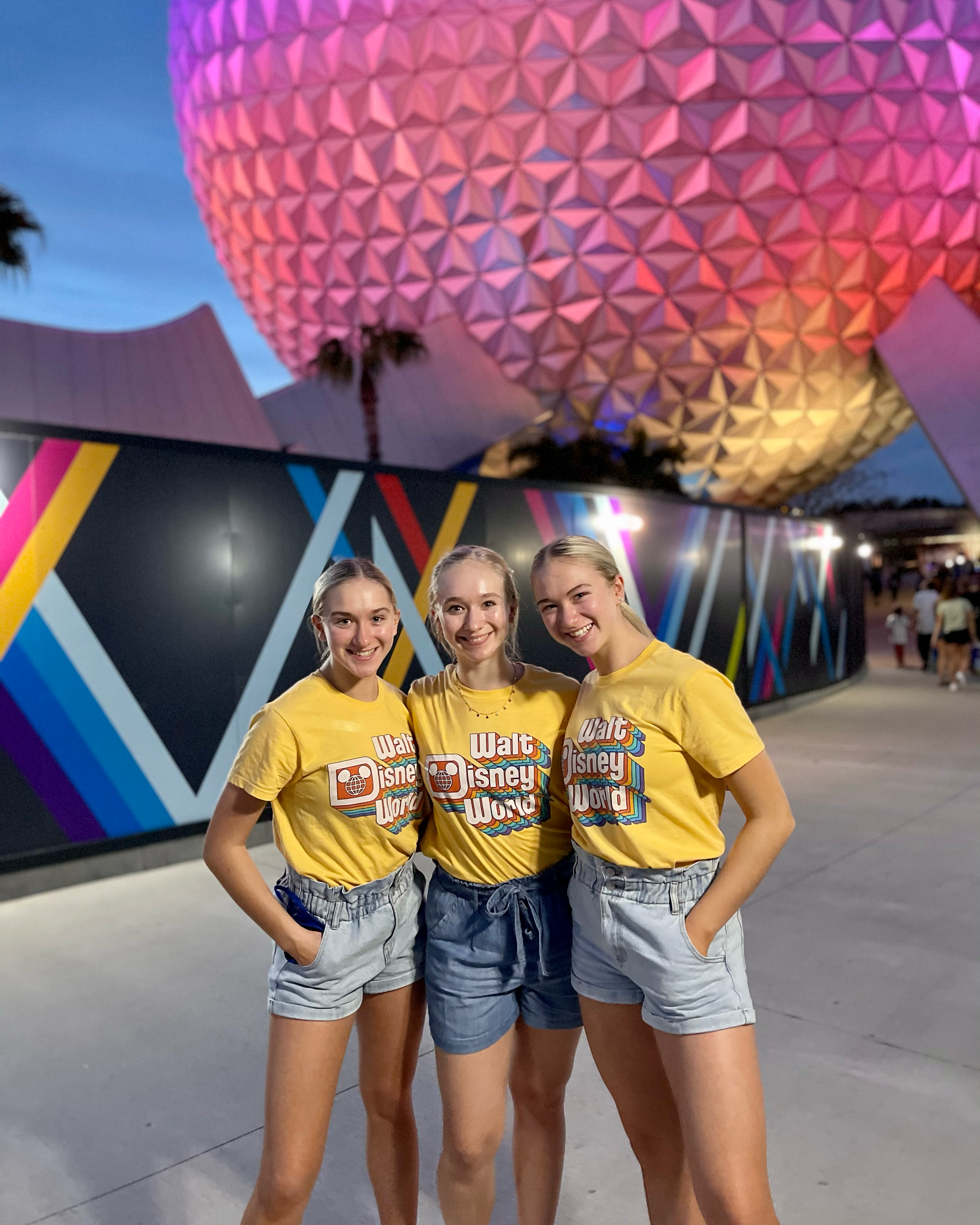 Jessica, Kelly and Chloe together near Spaceship Earth at EPCOT at Walt Disney World Resort.