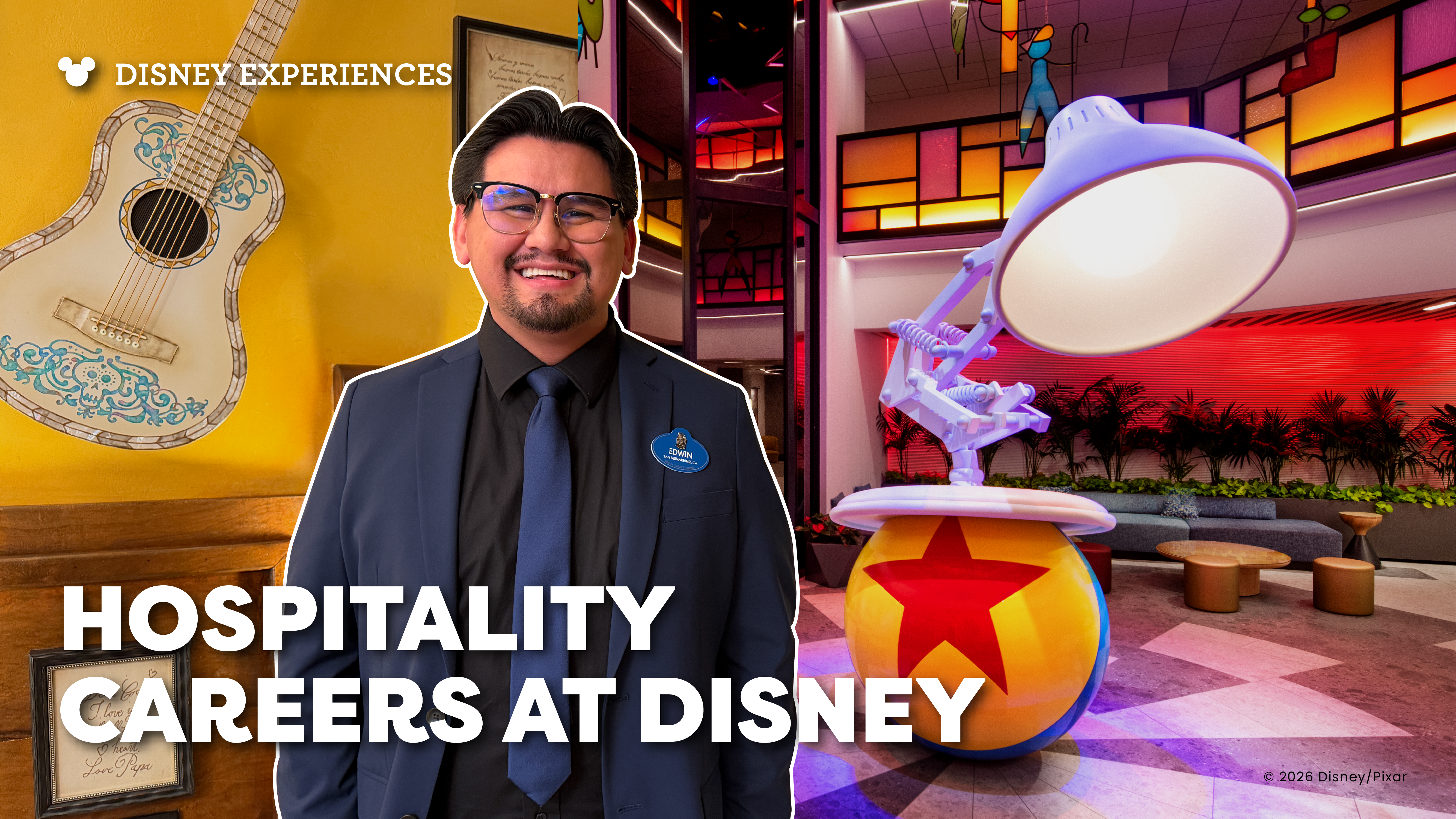 Disney Prks Housekeeping Manager wearing a grey suit and black shirt smiling with Pixar Place Hotel in the background and "Hospitality Careers at Disney" overlayed