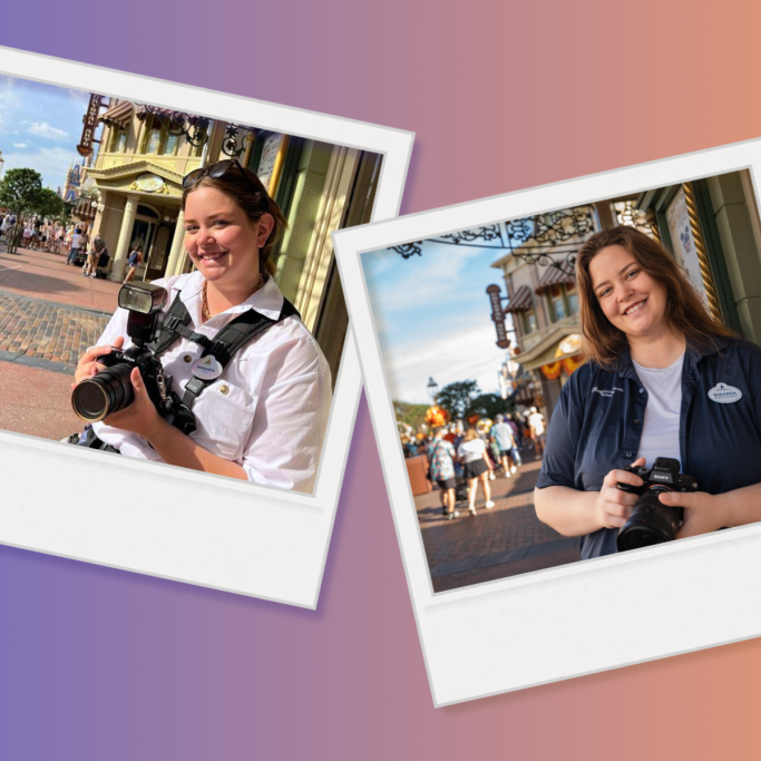 Same theme park photographer shown in two different uniforms, holding a camera on a street with park architecture in the background.