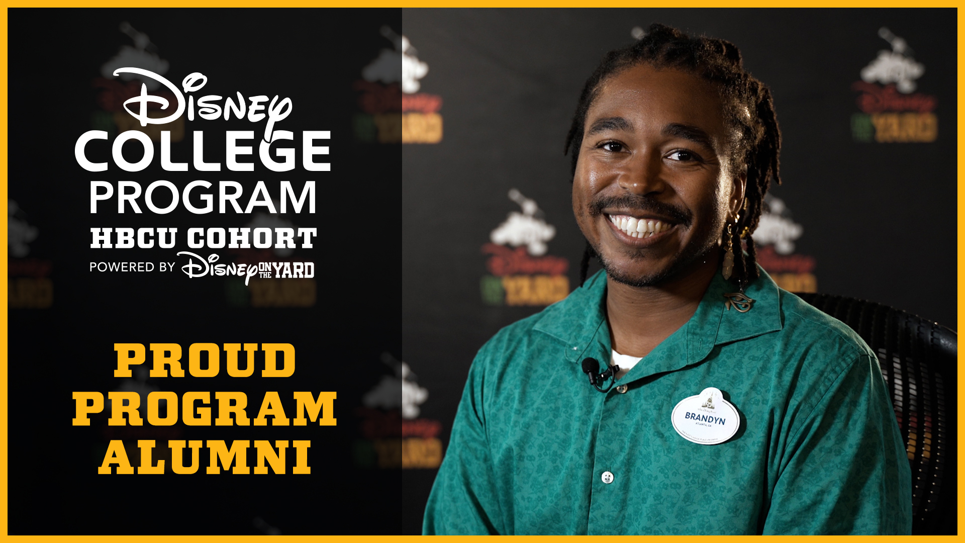 Disney College Program HBCU Cohort male participant Brandon wearing a turquoise collared shirt while smiling. The words 