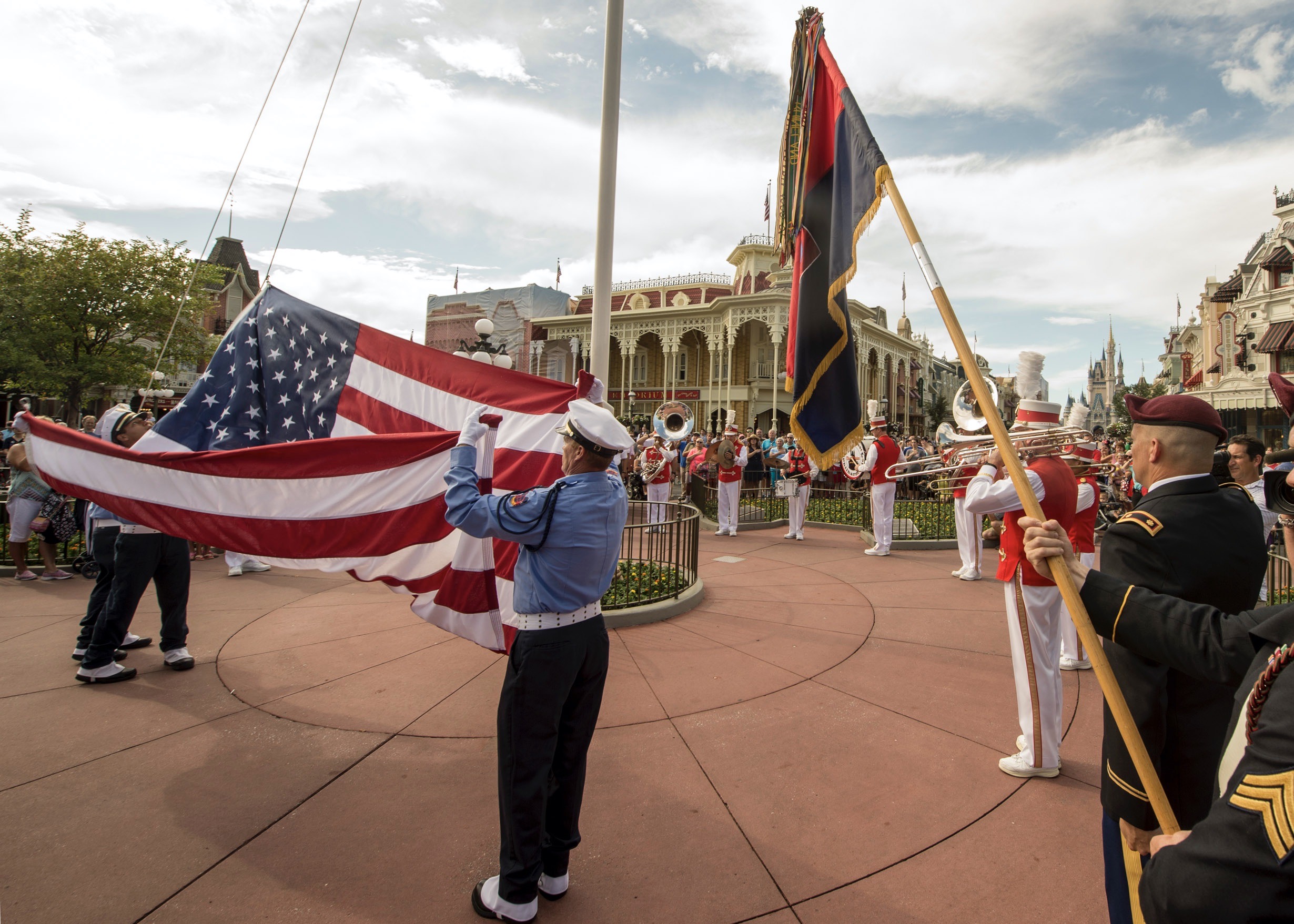 The U.S. Army&rsquo;s 82nd Airborne Division, including veterans representing those who served from WWII until today&rsquo;s conflicts in the Middle East, is honored, Thursday, Aug. 10, 2017, during a special flag retreat ceremony at Magic Kingdom Park in Lake Buena Vista, Fla. The 82nd Airborne Division, based in Fort Bragg, North Carolina, specializes in parachute assault operations into denied areas. (Kent Phillips, photographer)