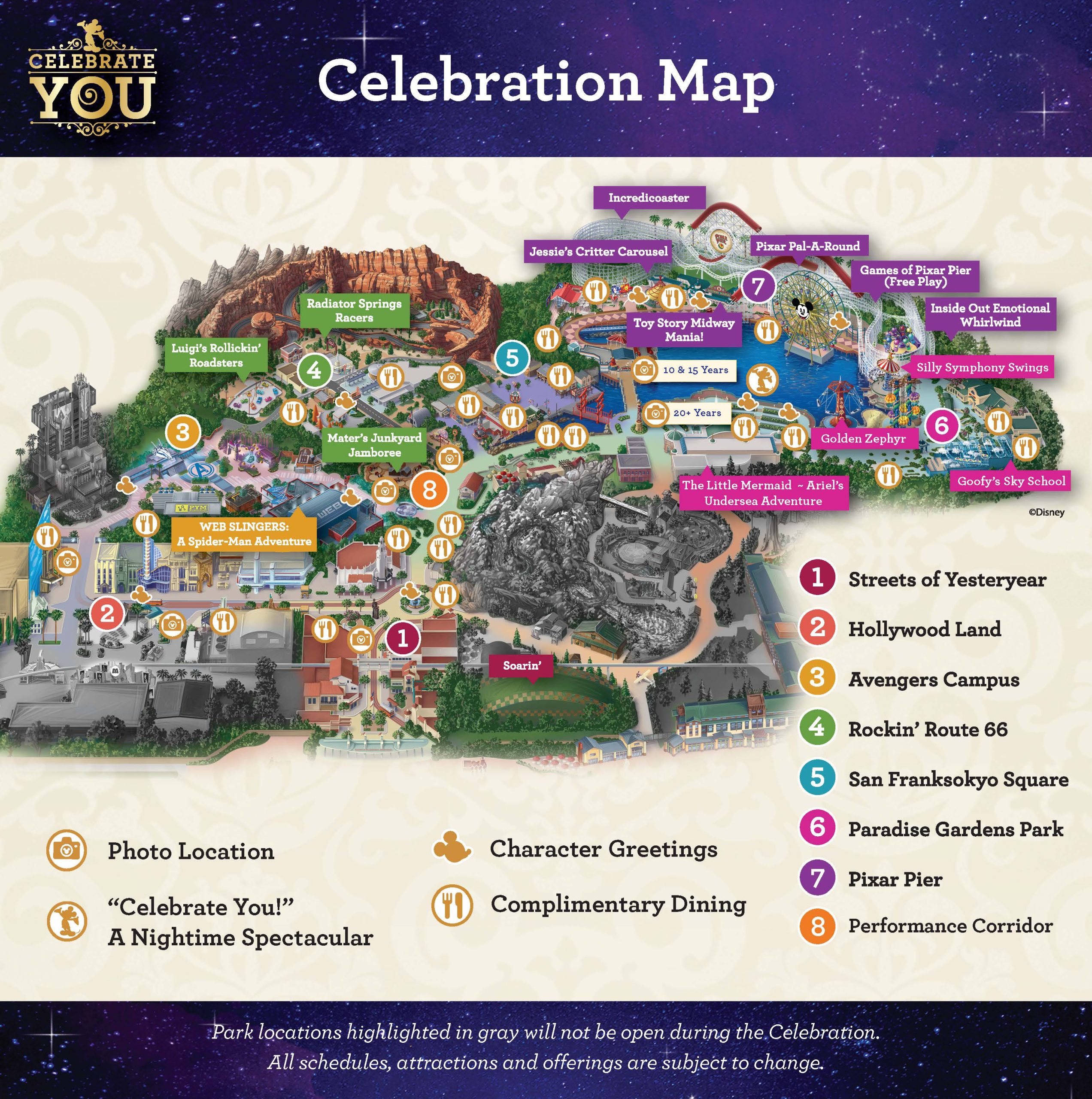 A map of the 2024 Service Celebration offerings at Disney California Adventure Park