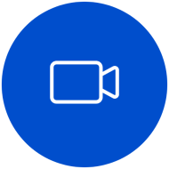 Round blue icon with white image meant to covey "film"