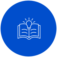 Round blue icon with white book and lightbulb meant to convey "learn"