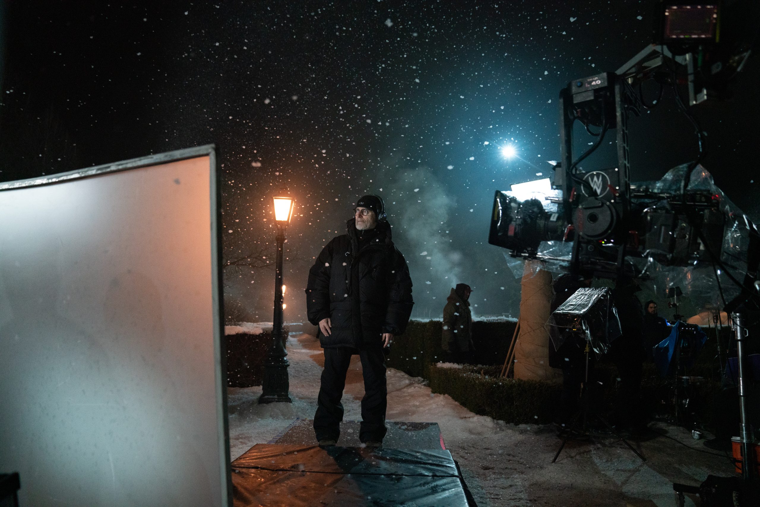 Behind the scenes during the set up of an outdoor shot in the snow.